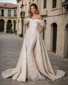 Prom Dresses Off Shoulder Embroidered Trumpet Gown with Detachable Overskirt Ivory/Champagne