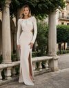 Formal Dresses Long Sleeve Cut Out Gown with Embellished Jewel Neckline Ivory/Nude
