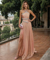 Prom Dresses Chiffon Pleated Halter Gown Beaded Waist Evening Dress Nude