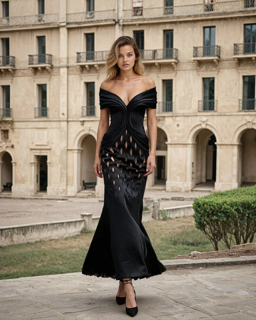 Formal Dresses Off Shoulder Corset Cut Out Gown Structured Evening Dress Black