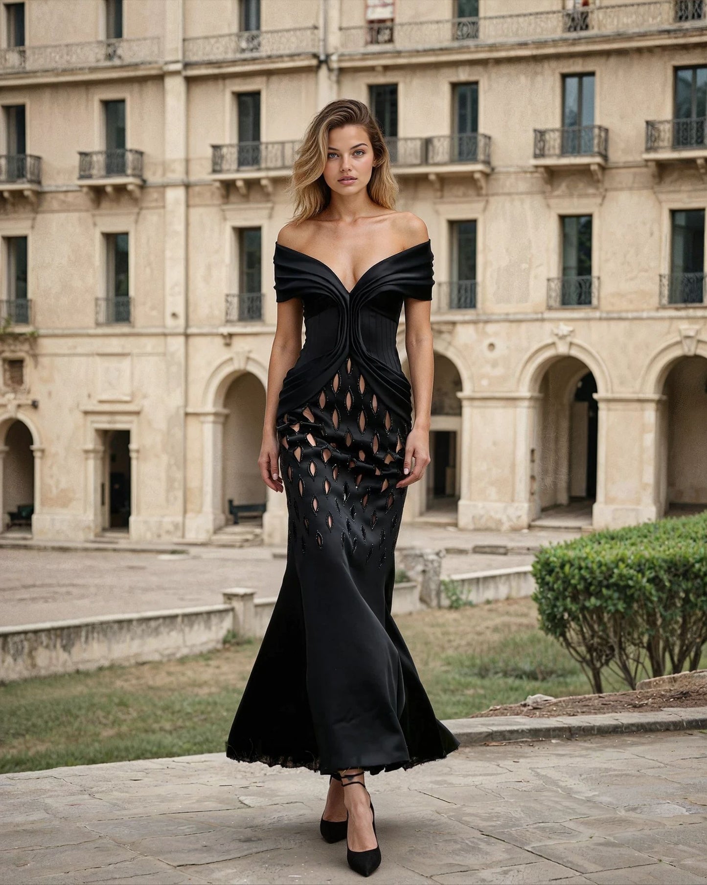 Formal Dresses Off Shoulder Corset Cut Out Gown Structured Evening Dress Black