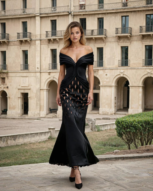 Formal Dresses Off Shoulder Corset Cut Out Gown Structured Evening Dress Black