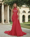 Prom Dresses Prom Halter Pleated Gown Beaded Bodice Formal Dress Deep Red