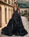 Prom Dresses Prom Printed Deep V Neck Ball Gown with Train Black