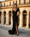 Prom Dresses One Shoulder Crepe Gown with Slit and Train Black