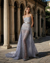 Prom Dresses Embellished Sheer Overlay Gown Square Neck Evening Dress Silver/Grey