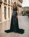 Prom Dresses Sequin Cut Out One-Shoulder Evening Gown Black
