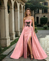 Prom Dresses Strapless Bow Accented High Slit Gown with Overskirt Pink