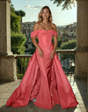 Prom Dresses Off Shoulder Corset Bodice Gown with Dramatic Train Coral