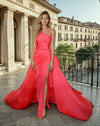 Prom Dresses One Shoulder Ruched High Slit Gown with Dramatic Train Red