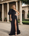 Formal Dresses One Shoulder Puff Sleeve High Slit Gown Black