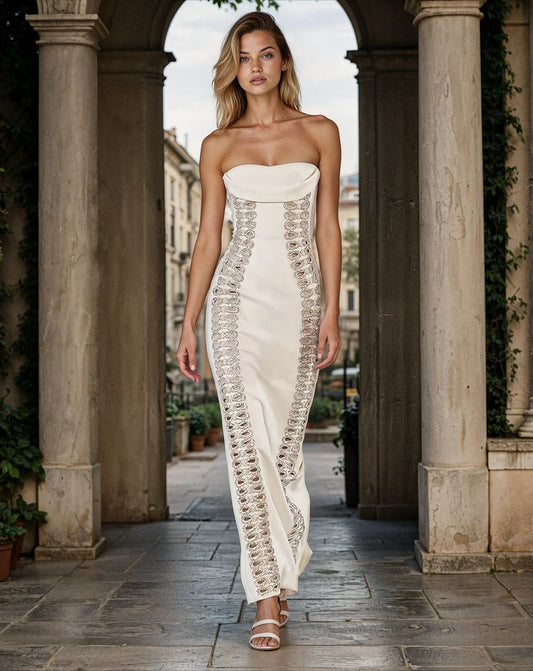 Prom Dresses Strapless Satin Column Gown with Crystal Lace Detailing Ivory