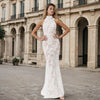 Wedding Dresses  High Neck Lace Fitted Ivory Gown with Sheer Floral Detail Ivory