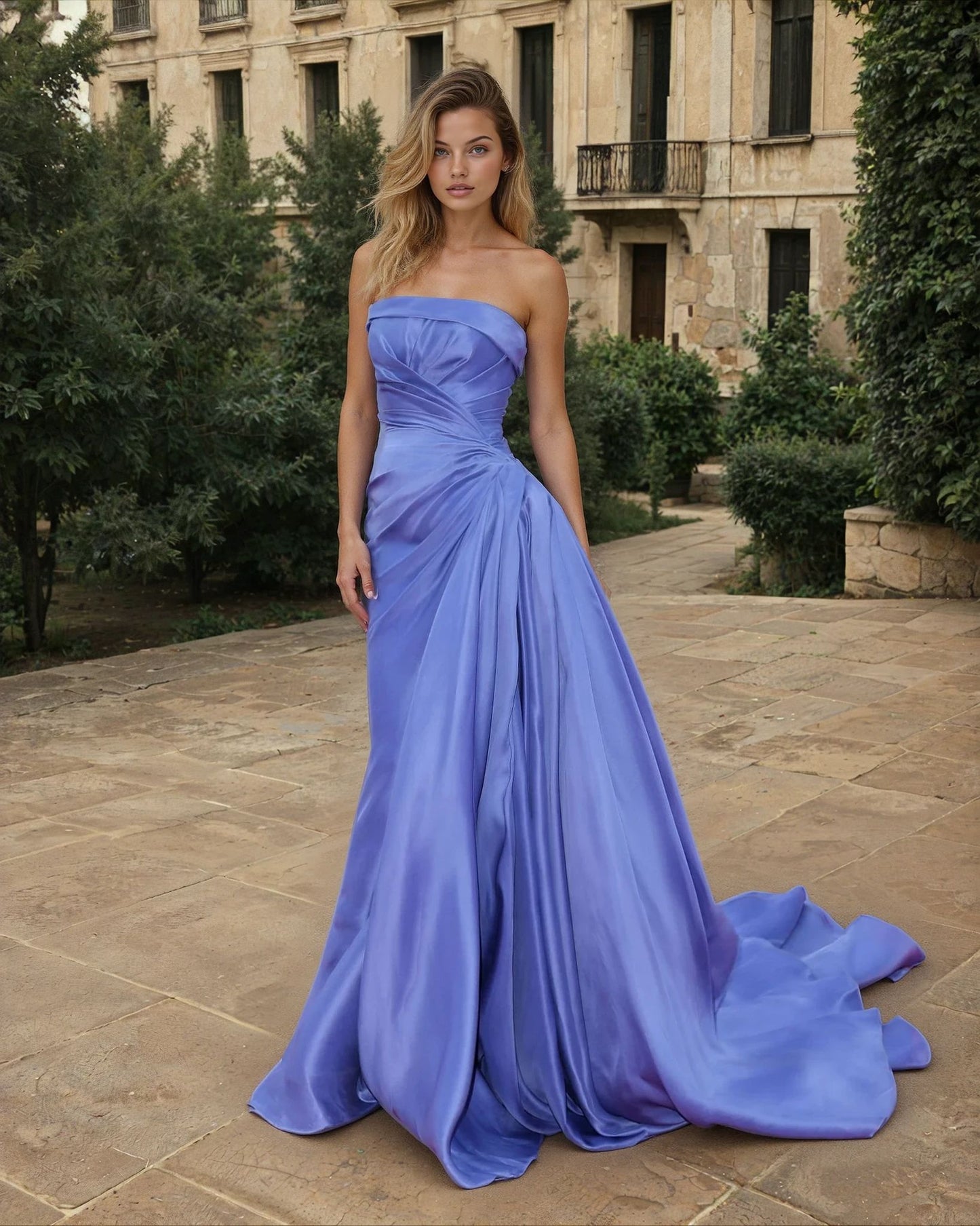 Kos Couture Strapless Draped Satin Gown with Sweep Train