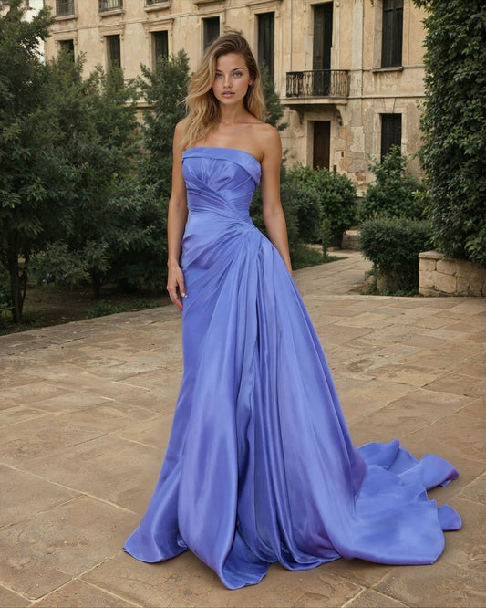 Kos Couture Strapless Draped Satin Gown with Sweep Train