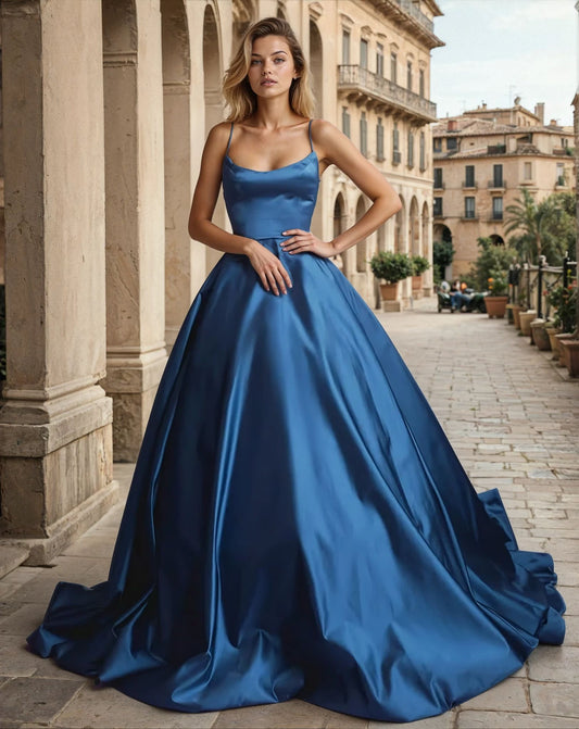 Kos Couture Royal Blue Satin Ball Gown with Spaghetti Straps and Full Skirt