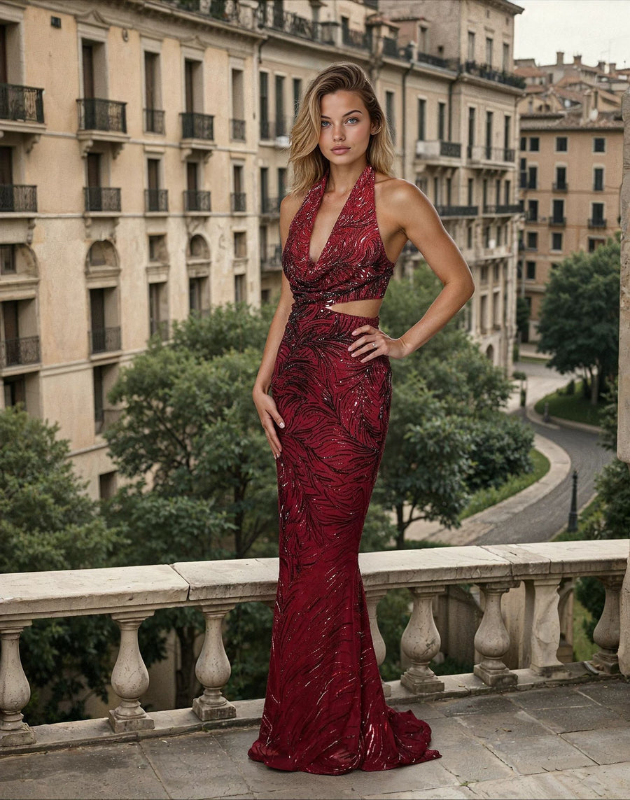 Kos Couture Burgundy Halter Sequin Cutout Gown
