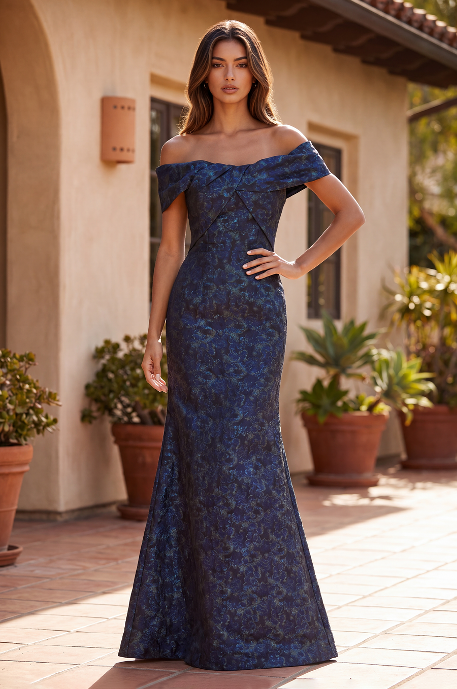 Kos Couture Off the Shoulder Floral Jacquard Mermaid Evening Formal Dress