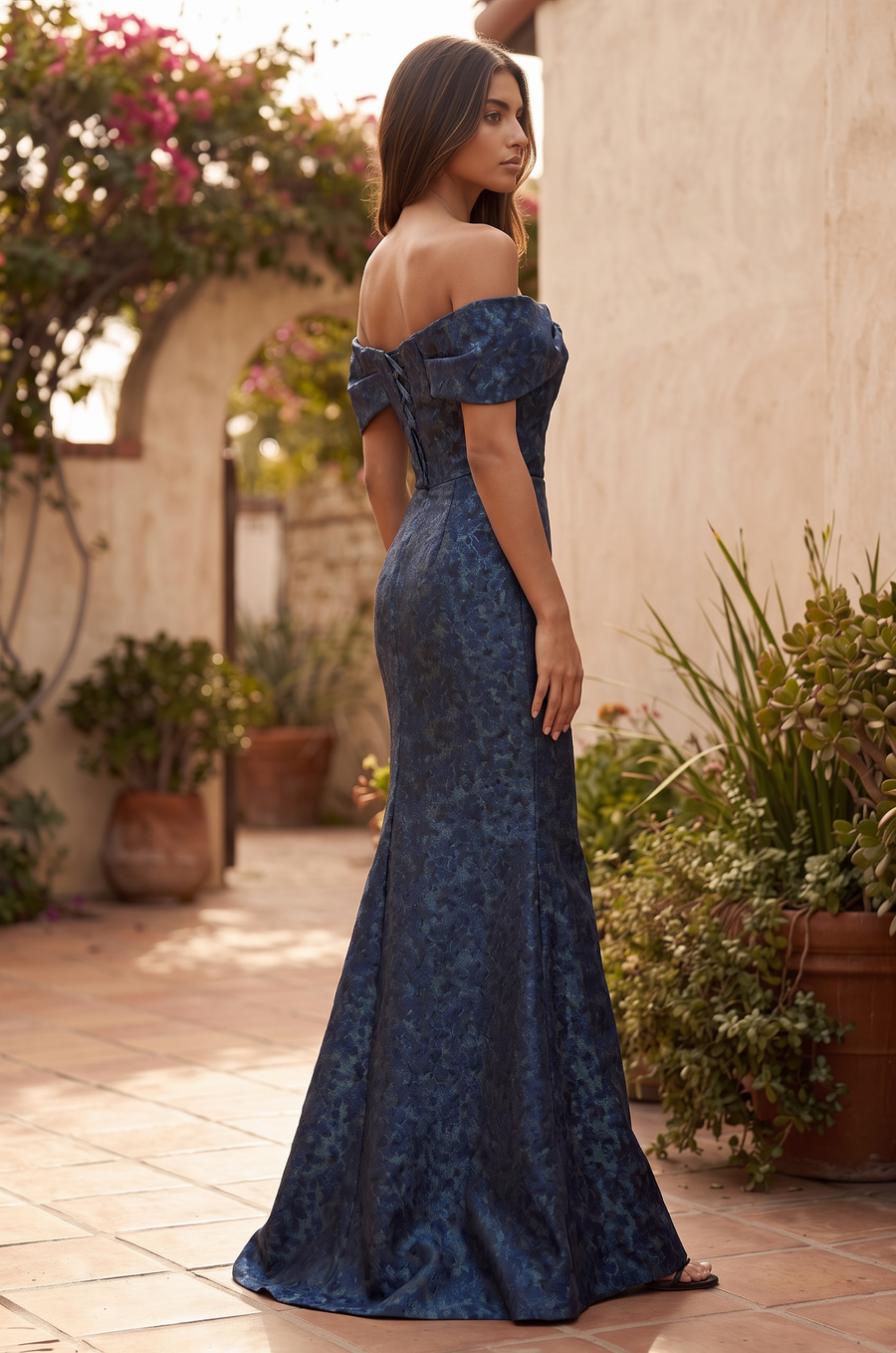 Kos Couture Off the Shoulder Floral Jacquard Mermaid Evening Formal Dress