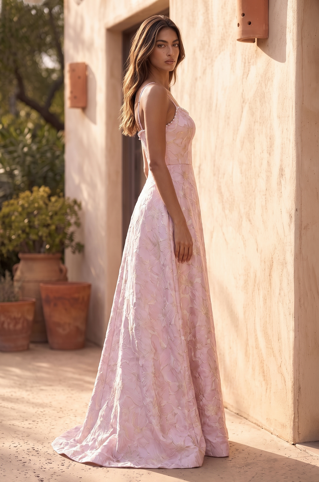 Kos Couture Floral Jacquard A-Line Gown