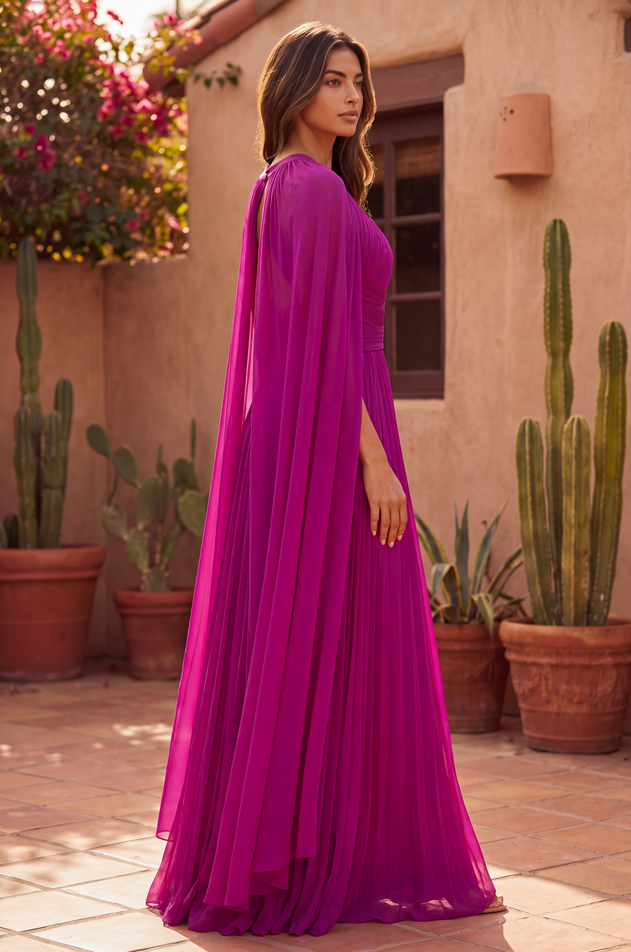 Pleated A Line Long Formal High Neck Cape Sleeve Dress Magenta side