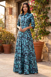 Dark Lilac floral collared long sleeve A-line gown, view 1