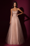 Champagne A-line strapless glitter tulle prom gown, front view