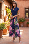 Navy Formal Collar Floral Print A Line Cocktail Midi Dress The Dress Outlet 1715 - Front