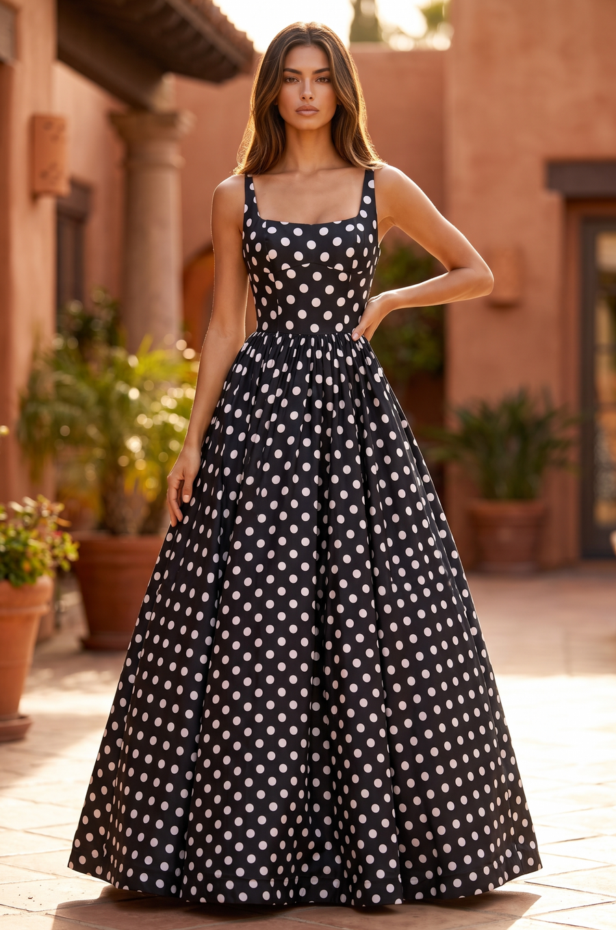 Kos Couture Square Neck Polka Dot Full Skirt Formal Gown