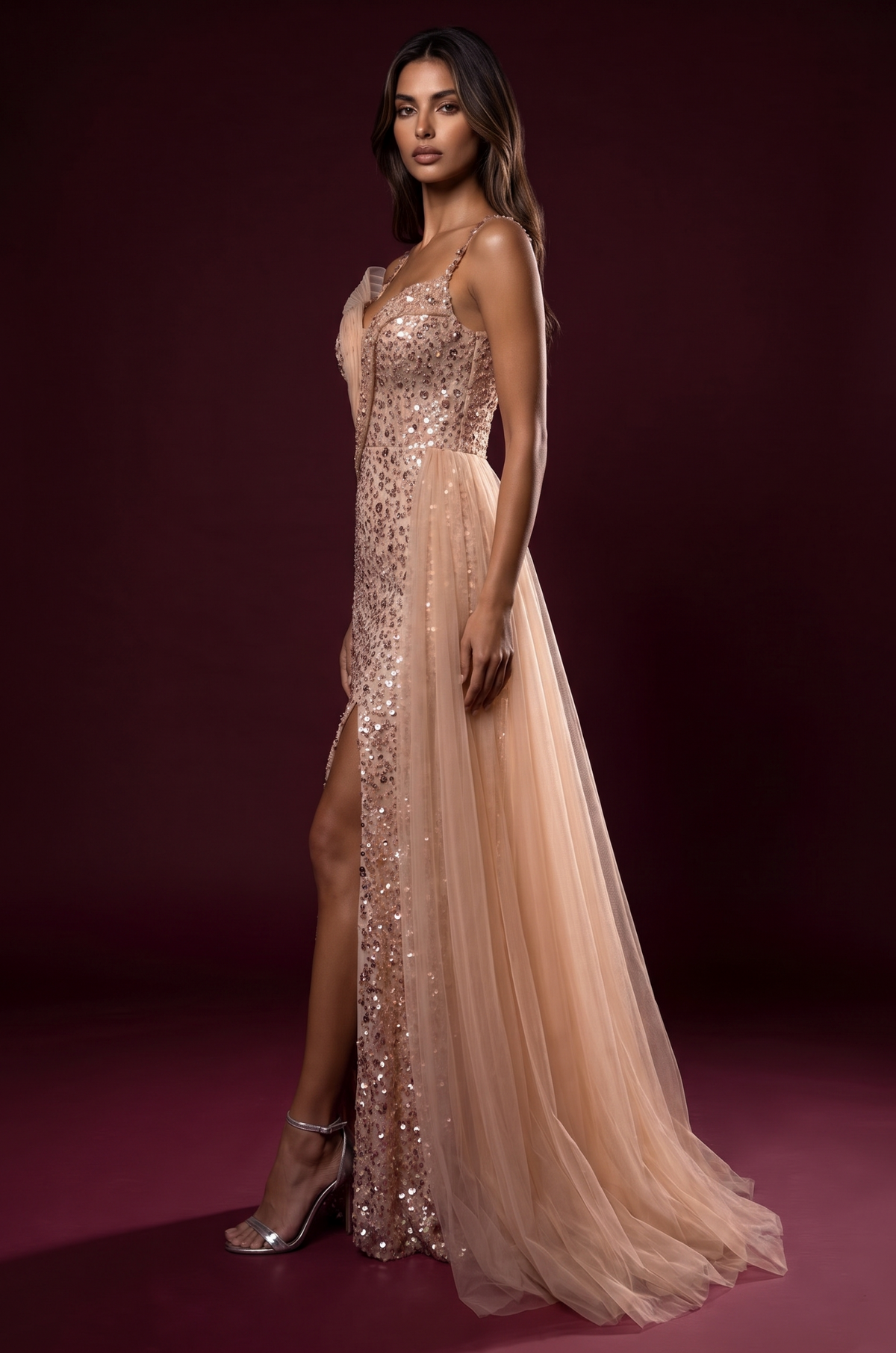 Kos Couture Sequin Fitted Long Formal Couture Evening Dress