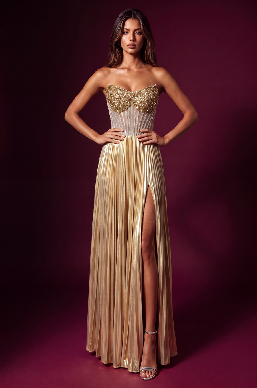 Strapless Beaded Bust Pleated Corset Formal Dress - Gold