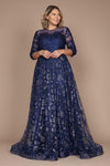 A stunning long formal lace evening dress in navy, featuring intricate lace detailing and a flowing silhouette, perfect for elegant occasions.