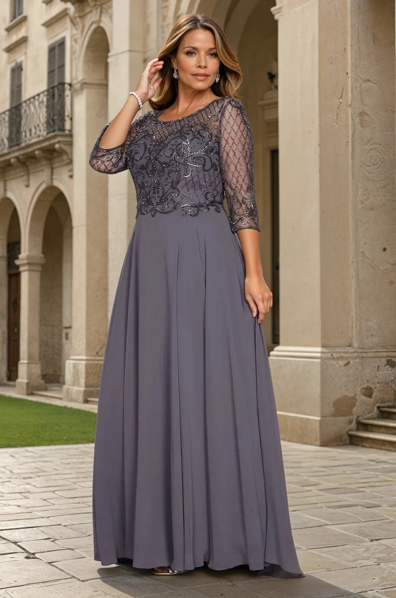 Long Sleeve Hand Beaded Mother of The Bride Dress