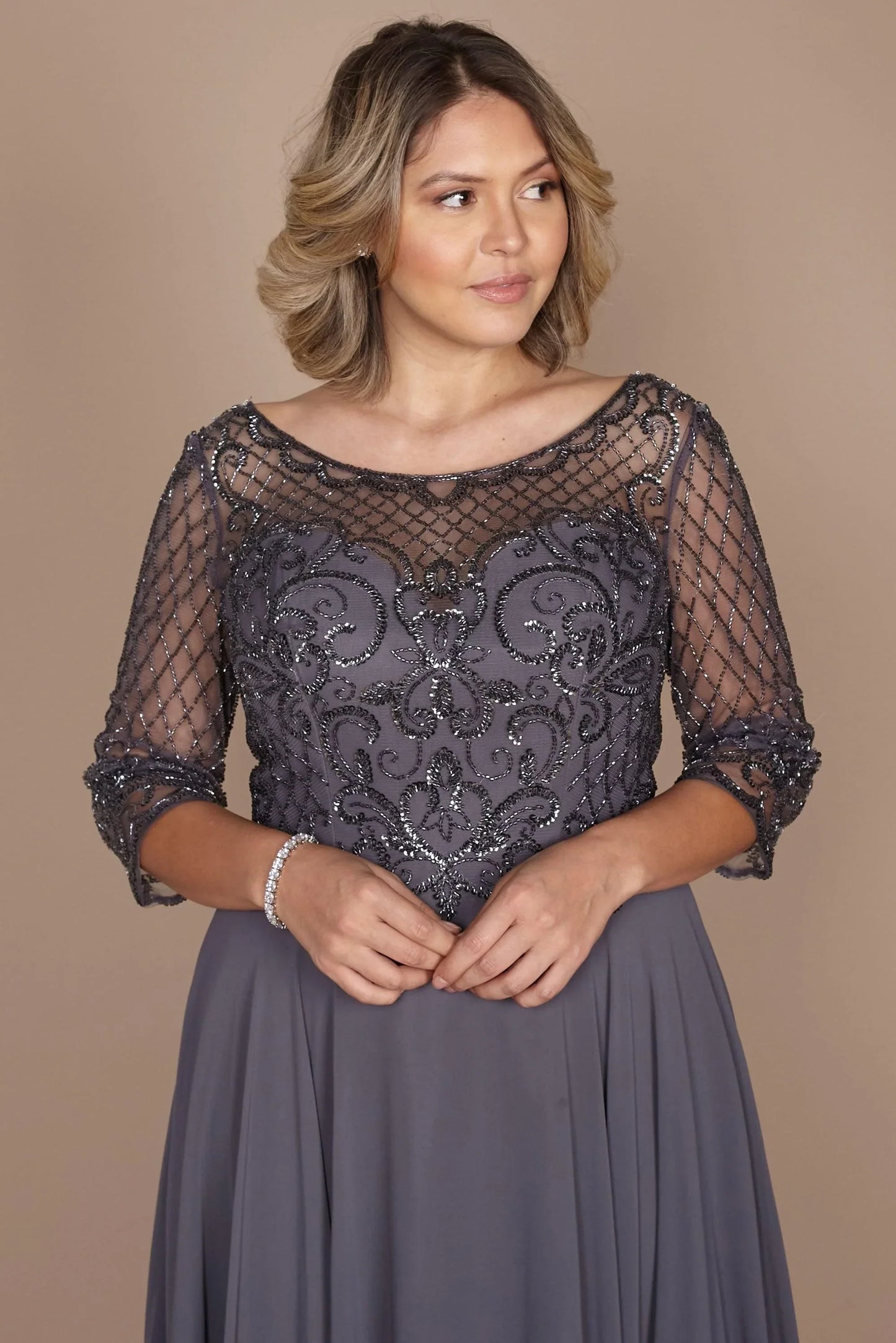 Kos Couture Long Sleeve Hand Beaded Mother of The Bride Dress