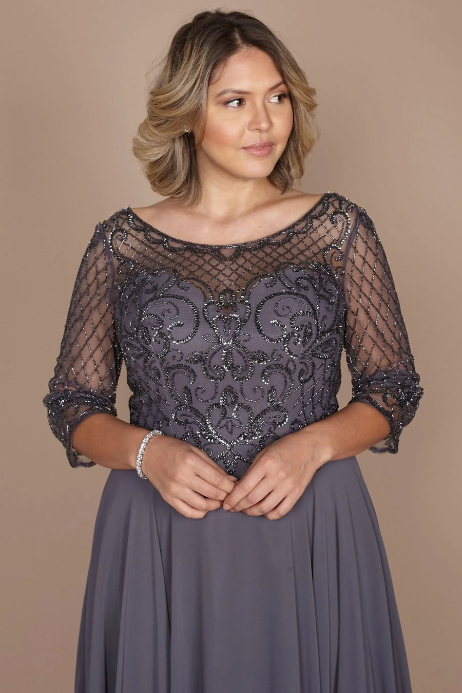 Kos Couture Long Sleeve Hand Beaded Mother of The Bride Dress
