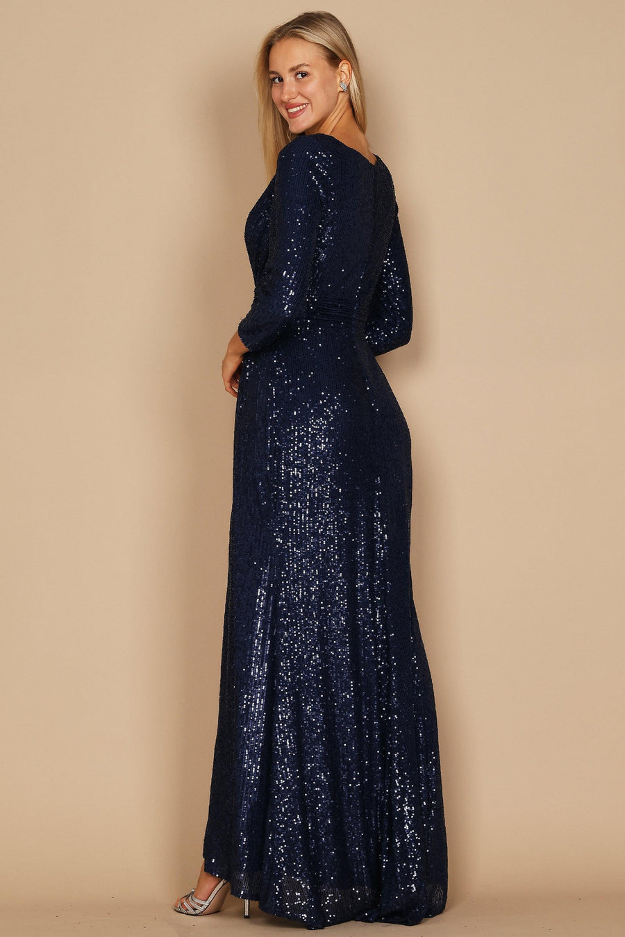 Kos Couture Long Sleeve Sequin Formal Hand Beaded Dress