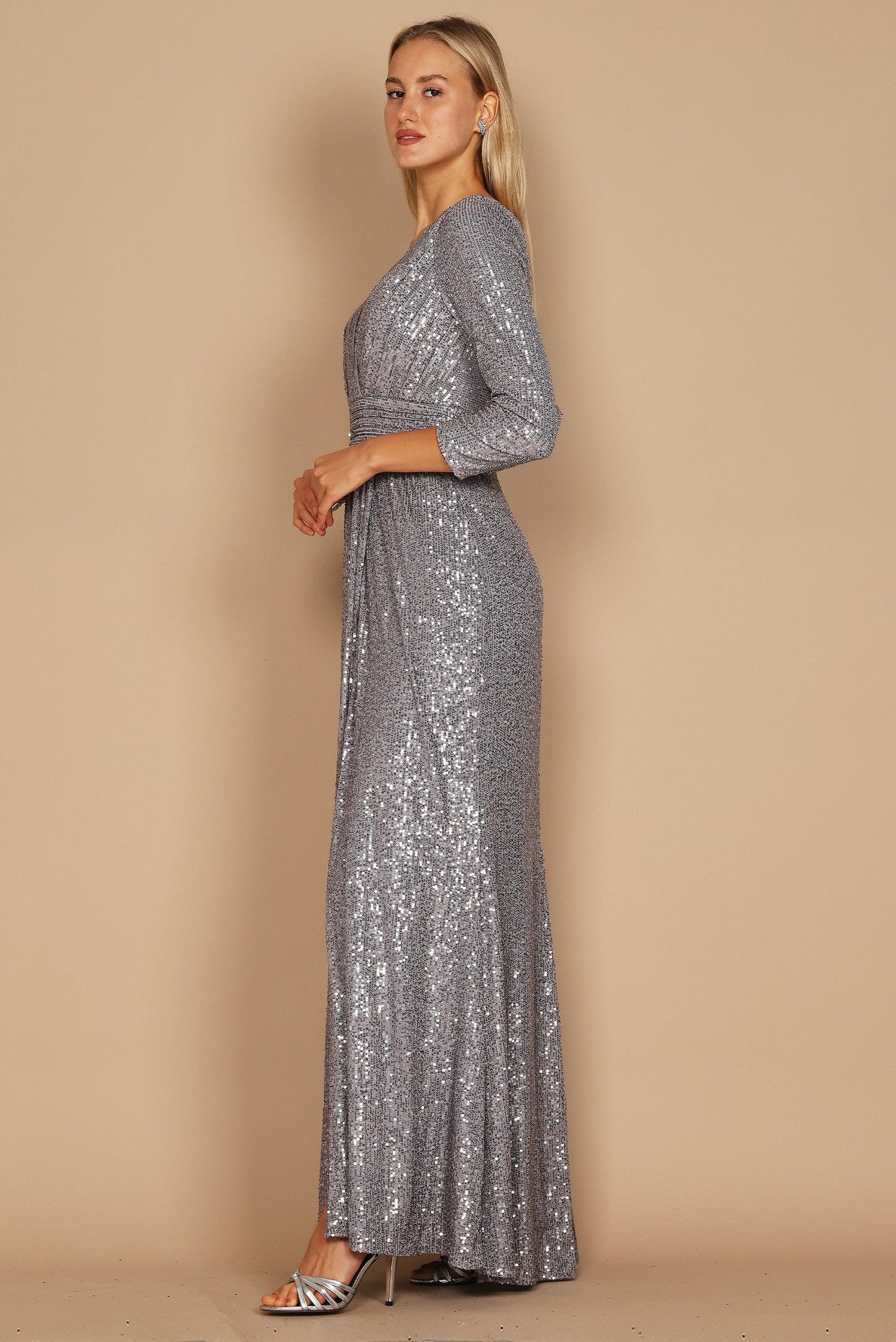Kos Couture Long Sleeve Sequin Formal Hand Beaded Dress