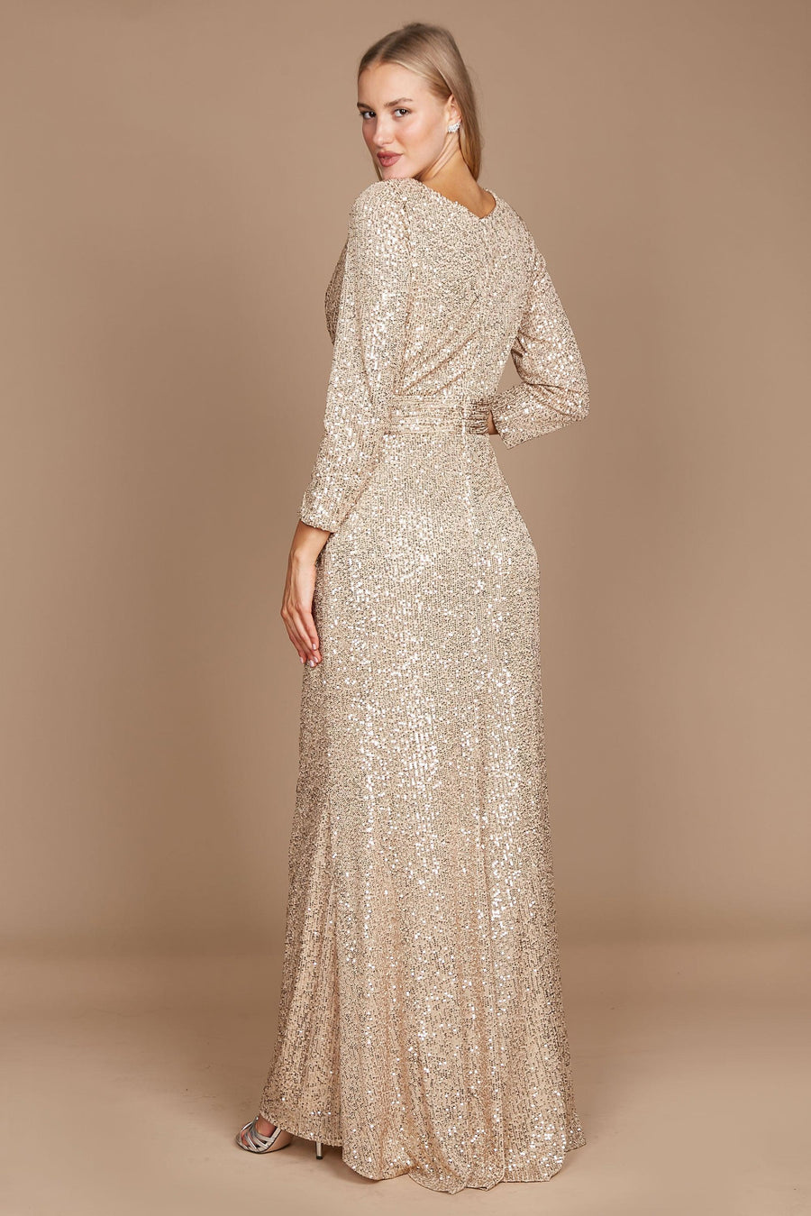 Kos Couture Long Sleeve Sequin Formal Hand Beaded Dress
