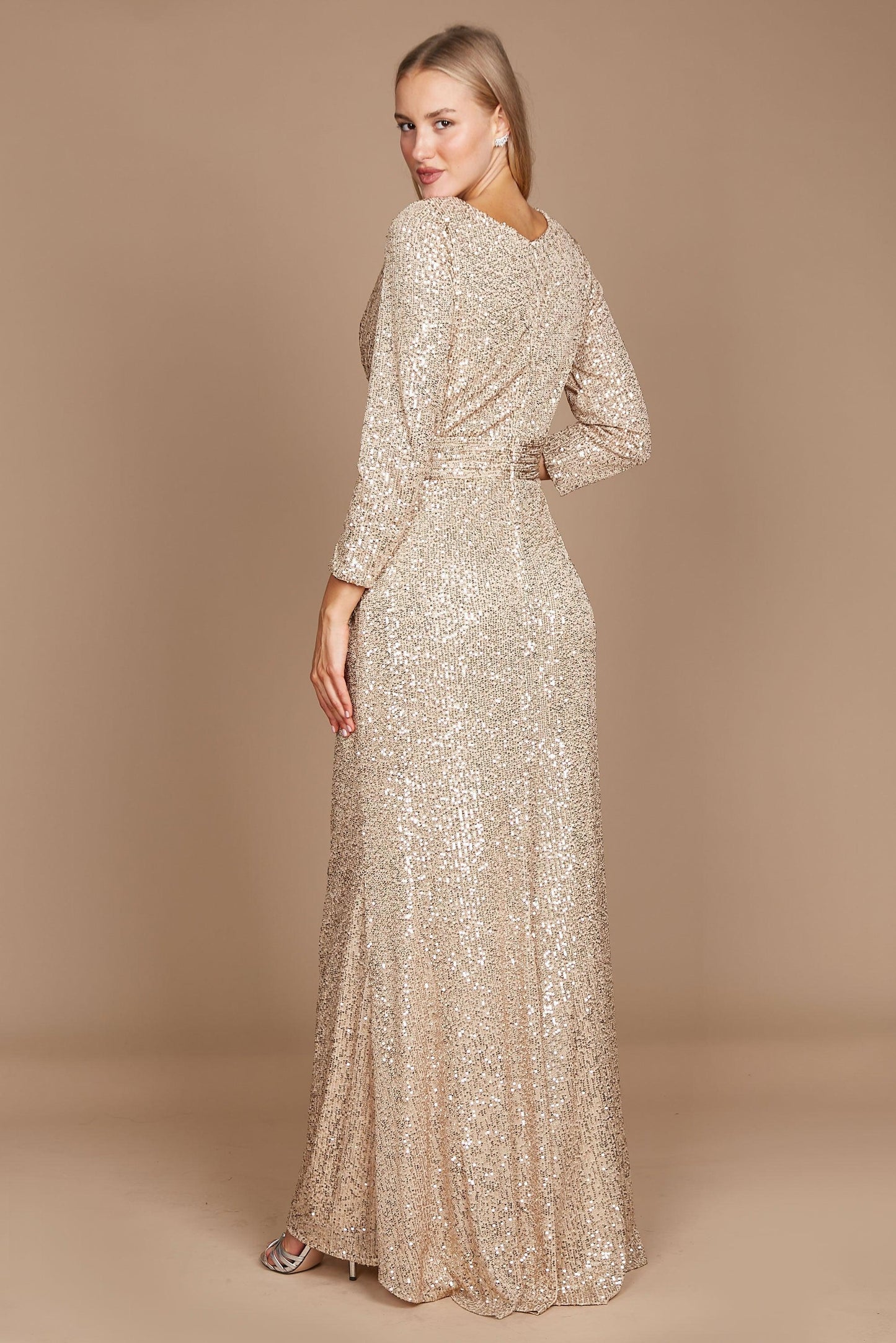 Kos Couture Long Sleeve Sequin Formal Hand Beaded Dress