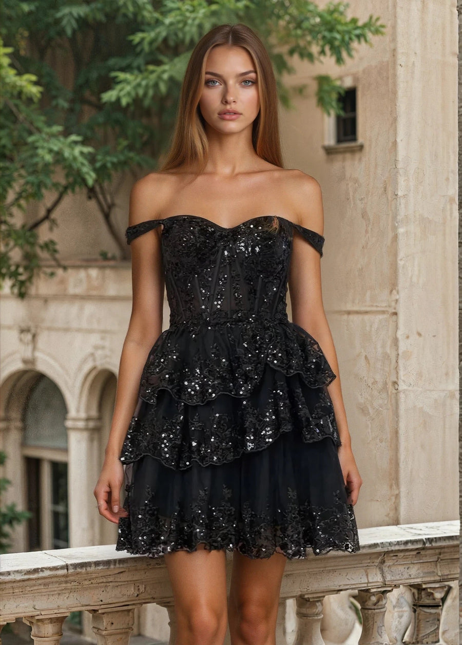 Homecoming Dresses Short Sweet Heart Tiered Homecoming Prom Dress Black