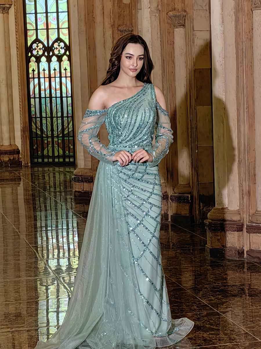 Kos Couture Long Couture Long Sleeve Hand Beaded Formal Dress