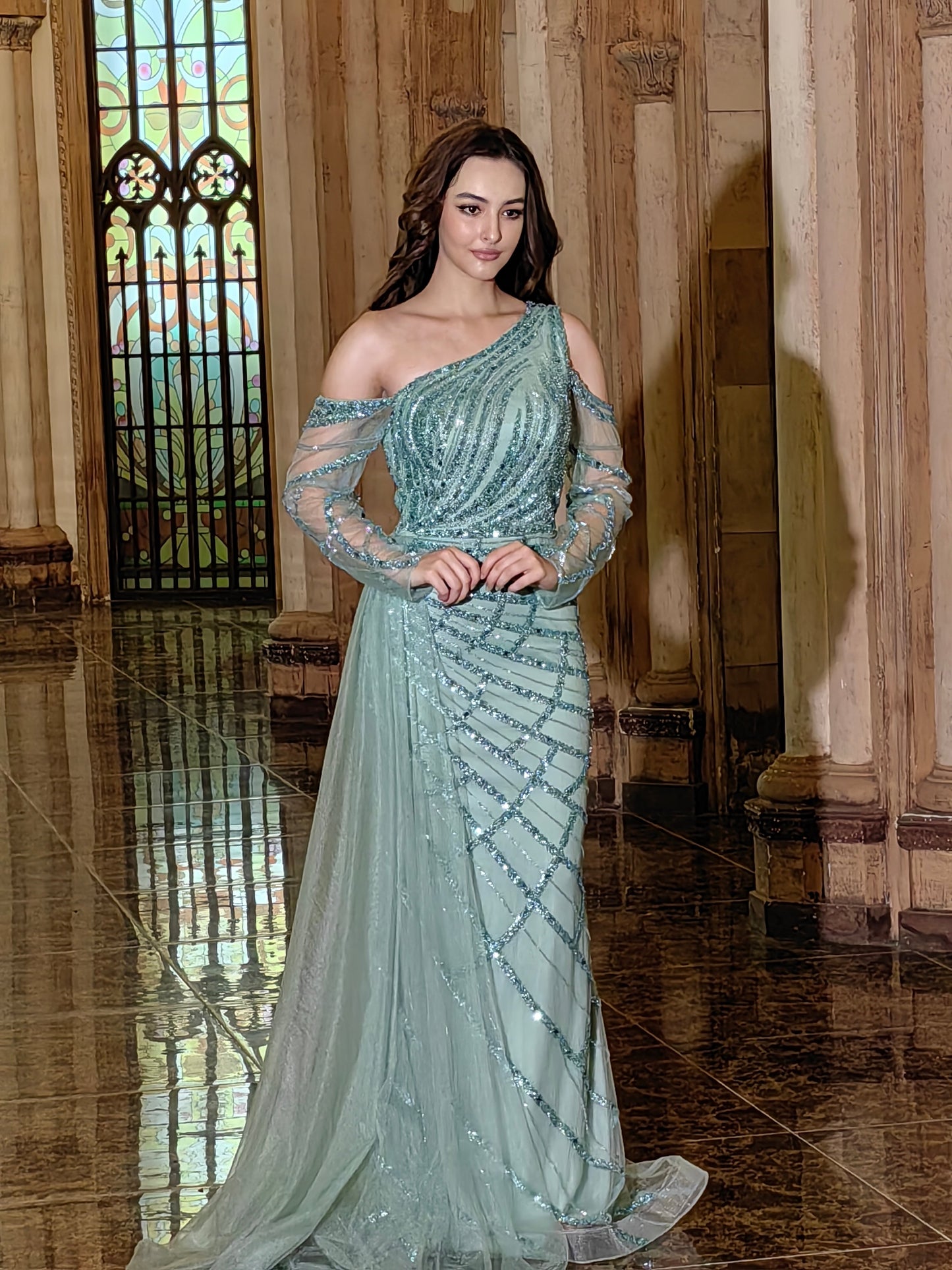 Kos Couture Long Couture Long Sleeve Hand Beaded Formal Dress