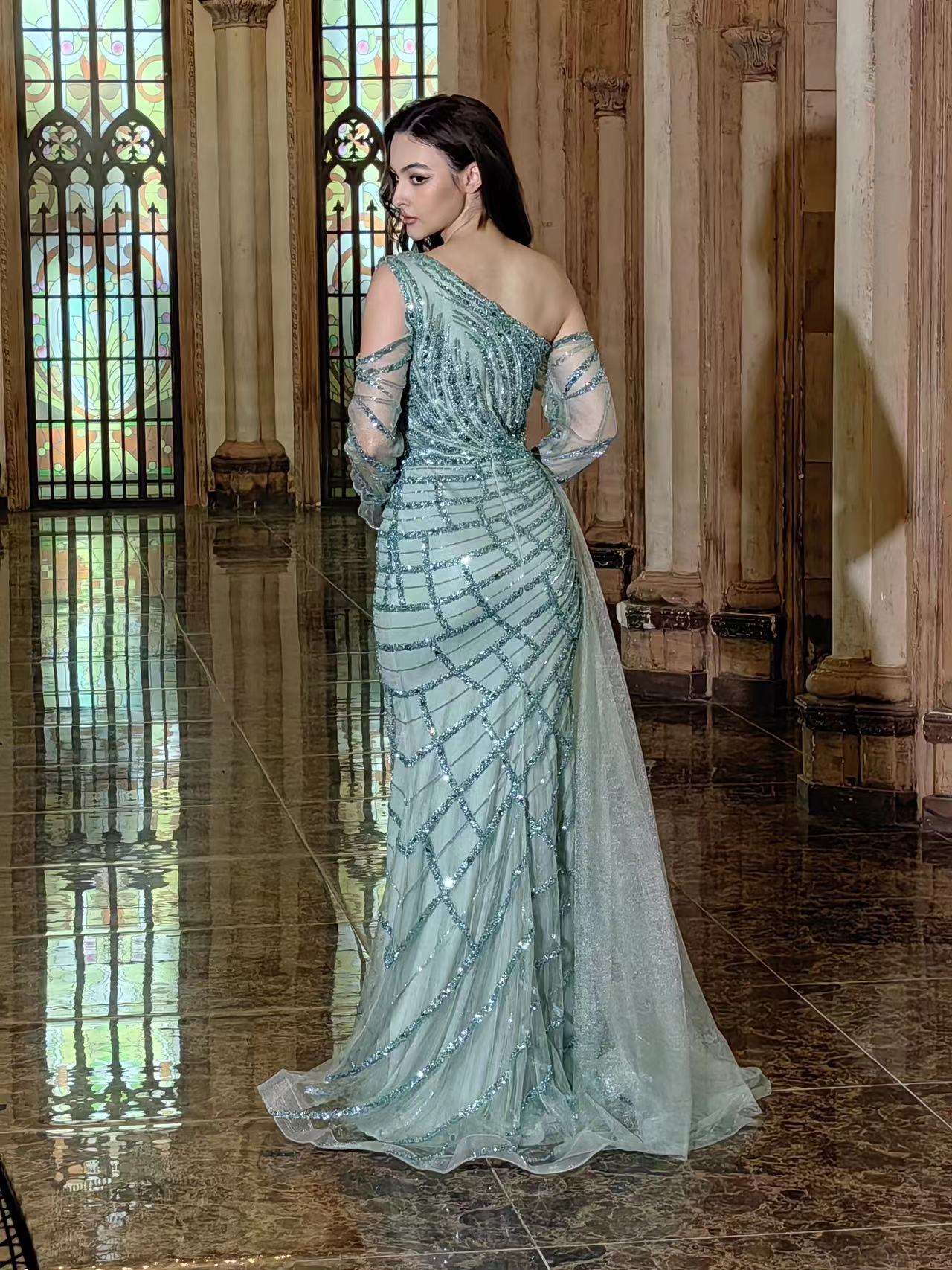 Kos Couture Long Couture Long Sleeve Hand Beaded Formal Dress